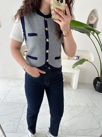 Lacivert Marka Model Çizgili Gold Düğmeli Yelek