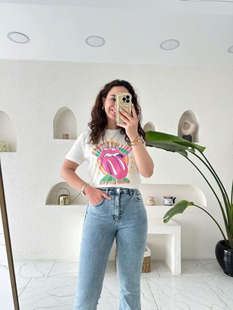 Ekru Rolling Stones Baskılı T-Shirt
