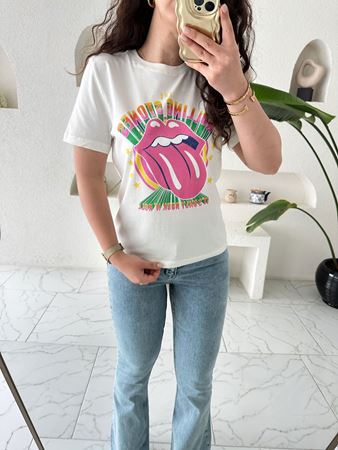 Ekru Rolling Stones Baskılı T-Shirt