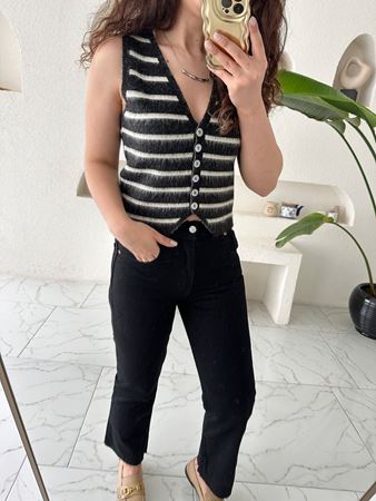 Siyah Ekru Çizgili Sedef Düğmeli Yelek