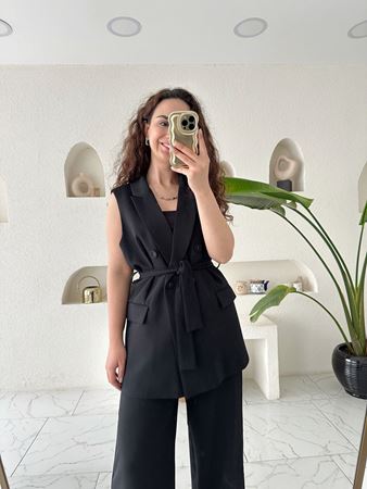 Siyah Dökümlü Yelek Palazzo Takım