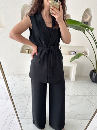 Siyah Dökümlü Yelek Palazzo Takım