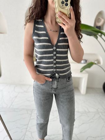 Antrasit Ekru Çizgili Sedef Düğmeli Yelek