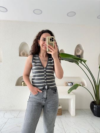 Antrasit Ekru Çizgili Sedef Düğmeli Yelek