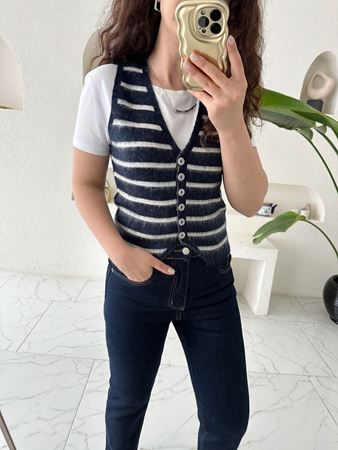 Lacivert Ekru Çizgili Sedef Düğmeli Yelek
