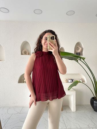 MNG Bordo Gül Broşlu Bluz