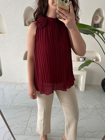 MNG Bordo Gül Broşlu Bluz