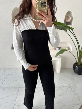 Beyaz Siyah Triko Detaylı Gömlek