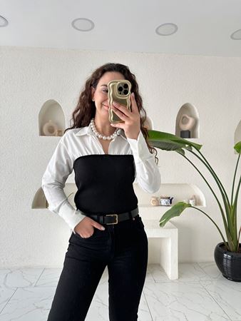 Beyaz Siyah Triko Detaylı Gömlek