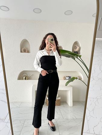 Beyaz Siyah Triko Detaylı Gömlek