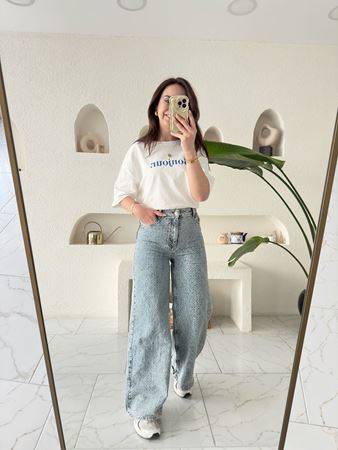 Zr Açık Yıkamalı Kendinden Desenli Bol Paça Jean