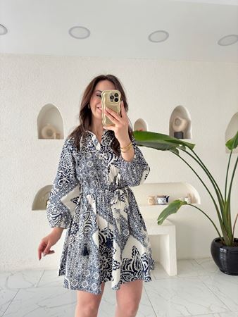 ZR Mavi Etnik Desen İpli Elbise