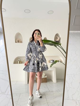 ZR Mavi Etnik Desen İpli Elbise