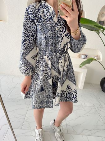 ZR Mavi Etnik Desen İpli Elbise