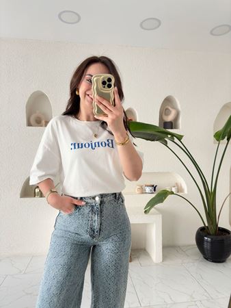 Beyaz Mavi Bonjour T-Shirt