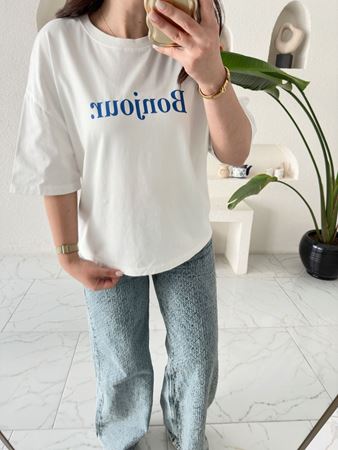 Beyaz Mavi Bonjour T-Shirt