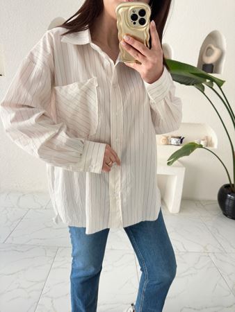 Bej Kahve Çizgili Oversize Gömlek