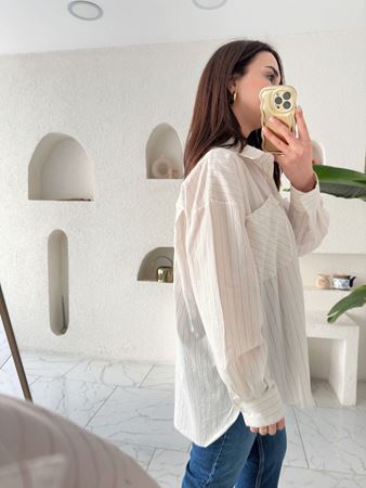 Bej Kahve Çizgili Oversize Gömlek