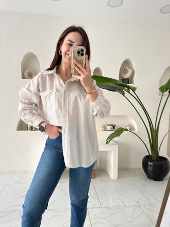 Bej Kahve Çizgili Oversize Gömlek