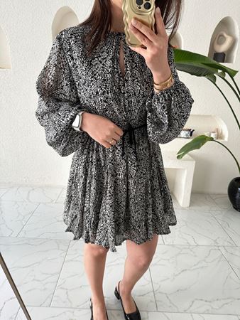 ZR Siyah Beyaz Desenli İpli Choker Yaka Elbise