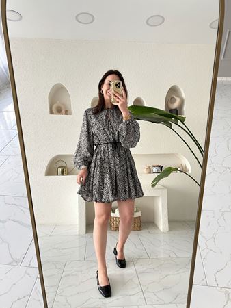 ZR Siyah Beyaz Desenli İpli Choker Yaka Elbise