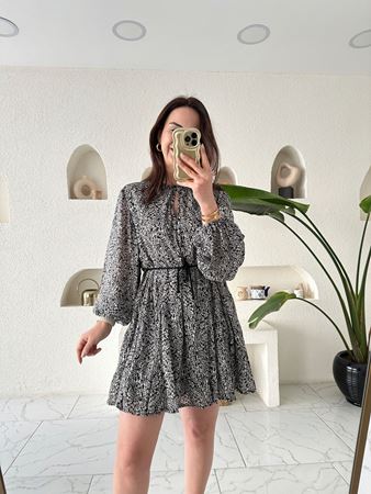 ZR Siyah Beyaz Desenli İpli Choker Yaka Elbise