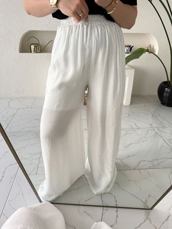 Beyaz Beli Lastikli Bol Paça Pantolon