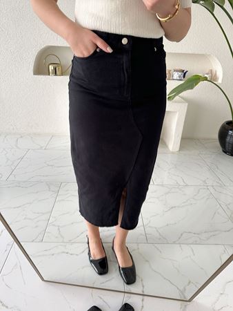 Siyah Yırtmaçlı Midi Kot Keten Etek