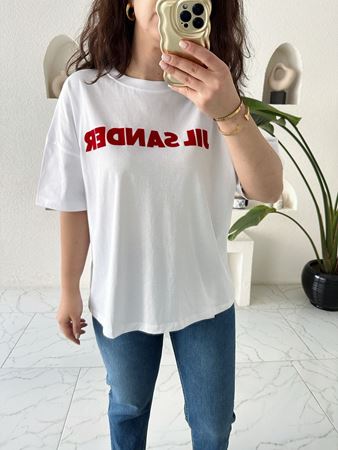 Beyaz Kırmızı Jıl Sander Yazılı T-shırt