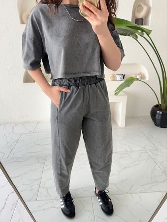 Antrasit Yıkamalı Crop Şalvar Takım