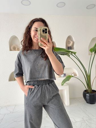 Antrasit Yıkamalı Crop Şalvar Takım