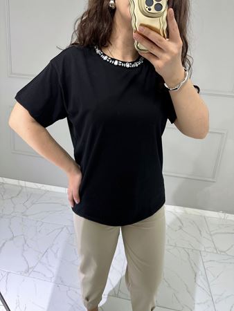 Siyah Bisiklet Yaka Parlak Taş Detaylı T-Shirt