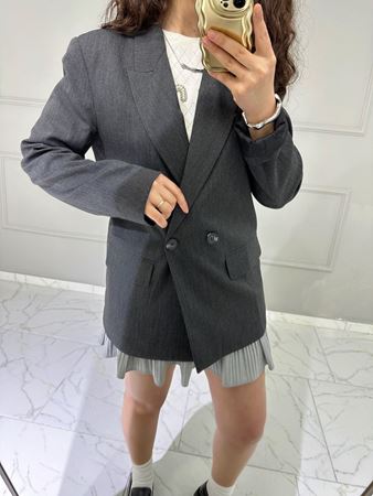 Antrasit Kapak Cepli  İçi Astarlı Çift Düğmeli Blazer Ceket