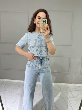 Mavi Tasarım Model Taş İşlemeli Yarım Kol Denim Ceket