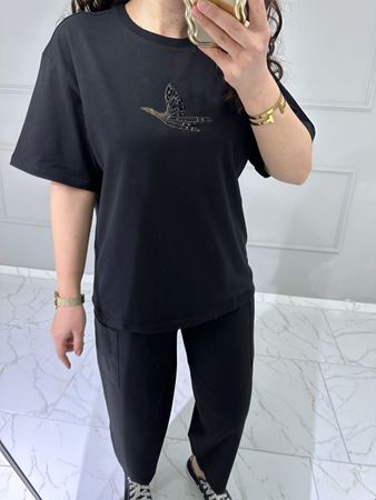 BYMN Siyah Taş Detaylı Kuş Figürlü T-shirt