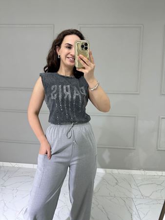 Antrasit Paris Taşlı Vatkalı T-shirt