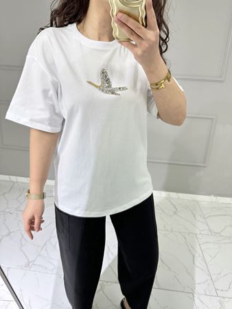 BYMN Beyaz Taş Detaylı Kuş Figürlü T-shirt