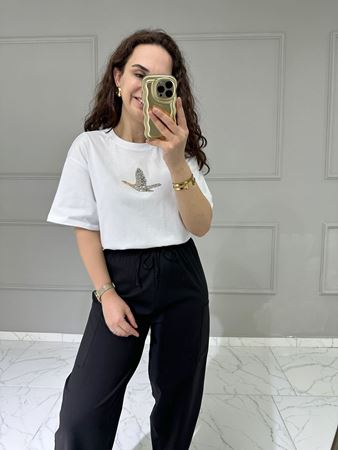 BYMN Beyaz Taş Detaylı Kuş Figürlü T-shirt