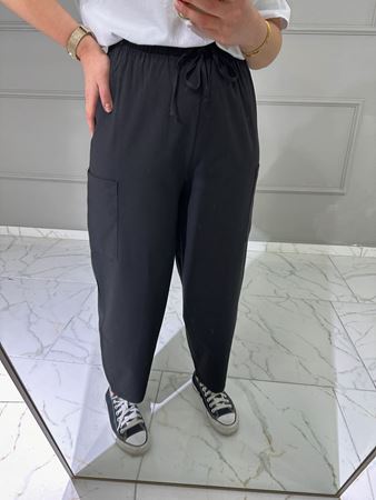 Siyah Yanları Cepli Beli Lastikli Keten Şalvar Pantolon