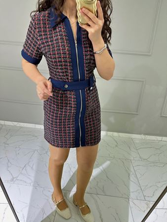 Lacivert Gabardin Garnili Renkli Tüvit Elbise