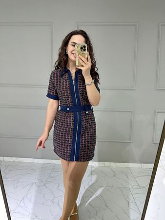 Lacivert Gabardin Garnili Renkli Tüvit Elbise