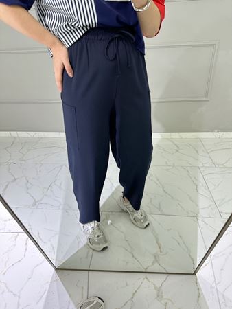 Lacivert Yanları Cepli Beli Lastikli Keten Şalvar Pantolon