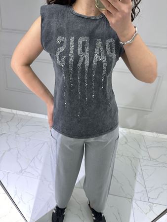 Antrasit Paris Taşlı Vatkalı T-shirt
