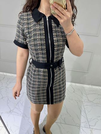 Siyah Gabardin Garnili Renkli Tüvit Elbise