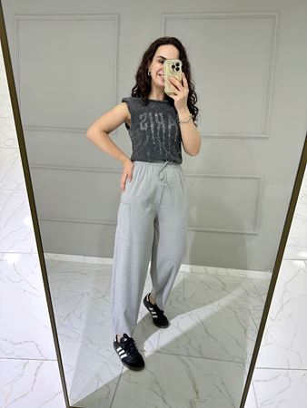 Gri Yanları Cepli Beli Lastikli Keten Şalvar Pantolon