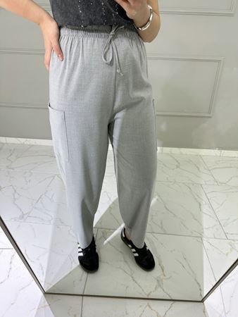 Gri Yanları Cepli Beli Lastikli Keten Şalvar Pantolon