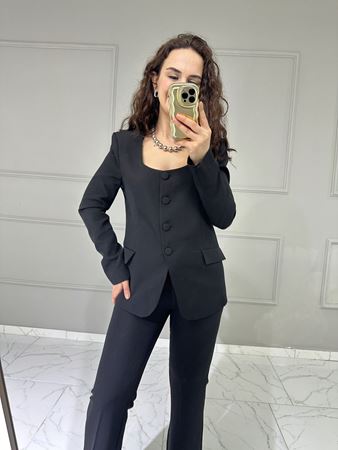 Siyah Havuz Yaka Ceket&Pantolon Takım