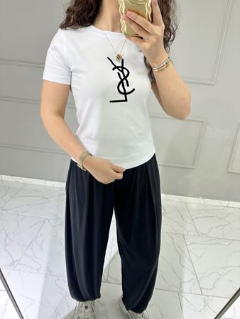 Beyaz Siyah Kadife YSL Yazı Detay T-Shirt