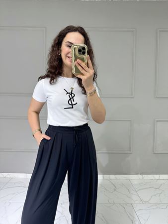 Beyaz Siyah Kadife YSL Yazı Detay T-Shirt