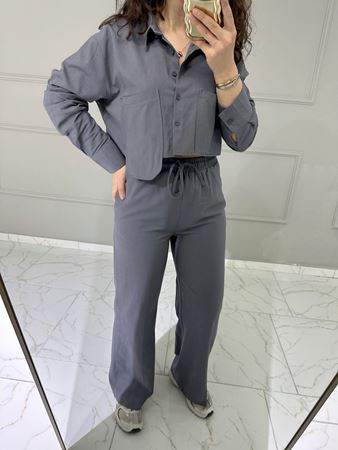 Antrasit Cep Detaylı Crop Gömlek Pantolon Takım